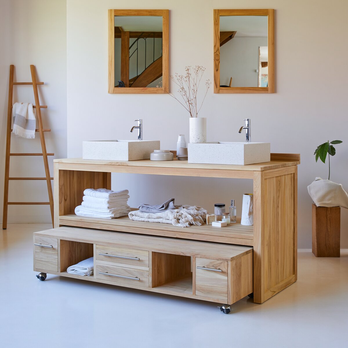Mobile da bagno in legno Teak per due lavabi da appoggio 4 cassetti L 148  H60 P50 cm - XLAB Design