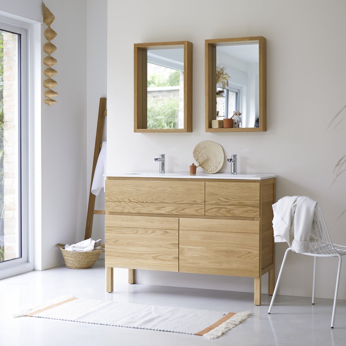 Mobile Bagno In Rovere Naturale 120 Cm Con Doppio Lavabo E Cassetti - Atoll