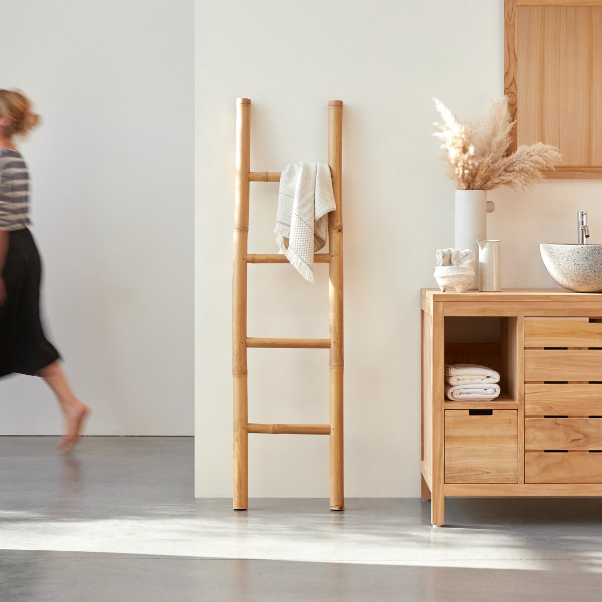 Meuble bas salle de bain rangement salle de bain 1 porte 2 étagères bois  bambou verni