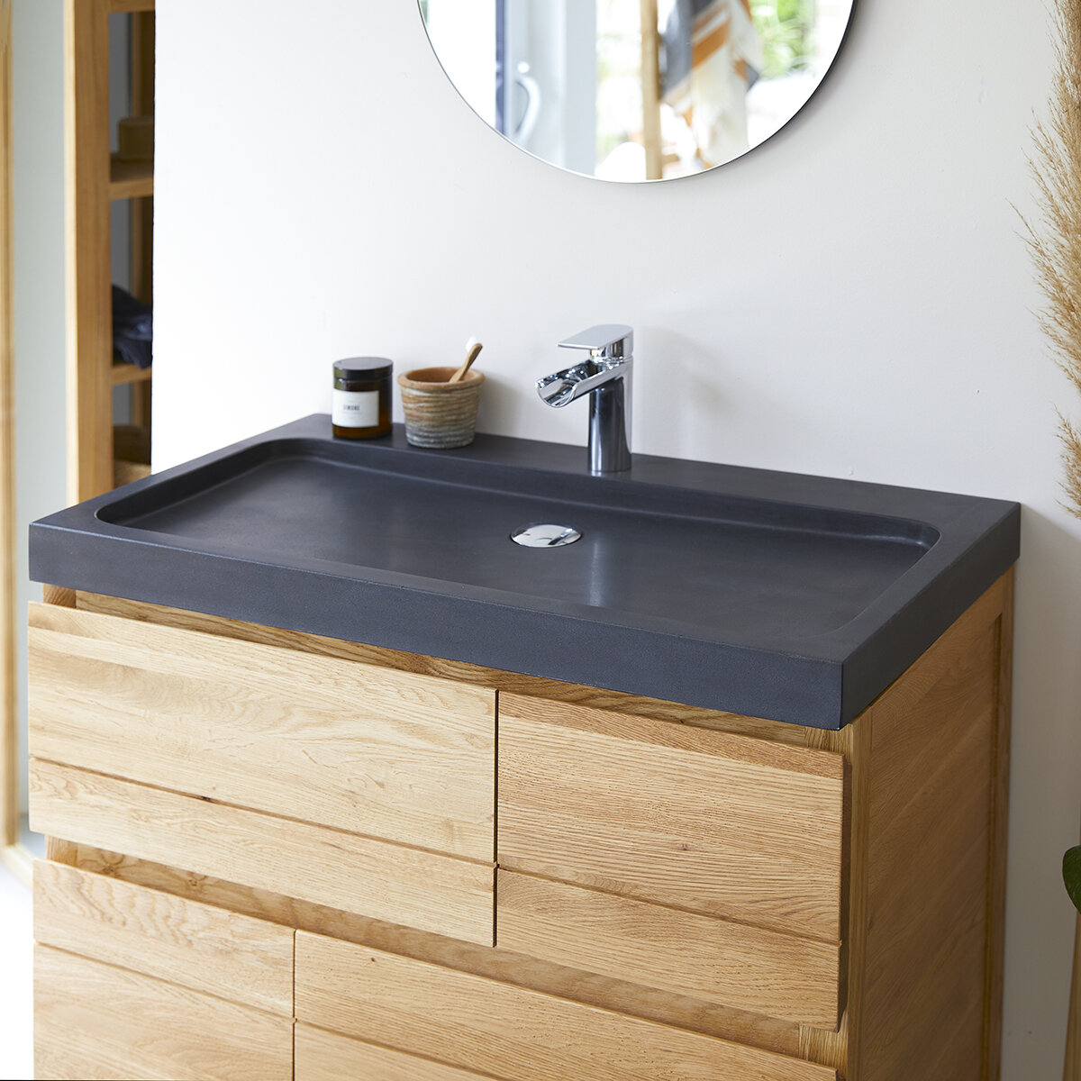 Easy - Badezimmermöbel aus massiver Eiche und Lavastein 80 cm Easy - Badezimmermöbel aus massiver Eiche und Lavastein 80 cm
