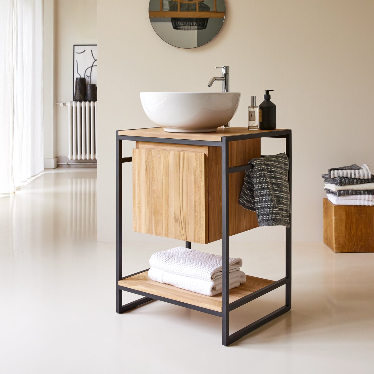 Michal - Waschtischunterschrank aus massivem Teakholz und Metall 60 cm Michal - Waschtischunterschrank aus massivem Teakholz und Metall 60 cm