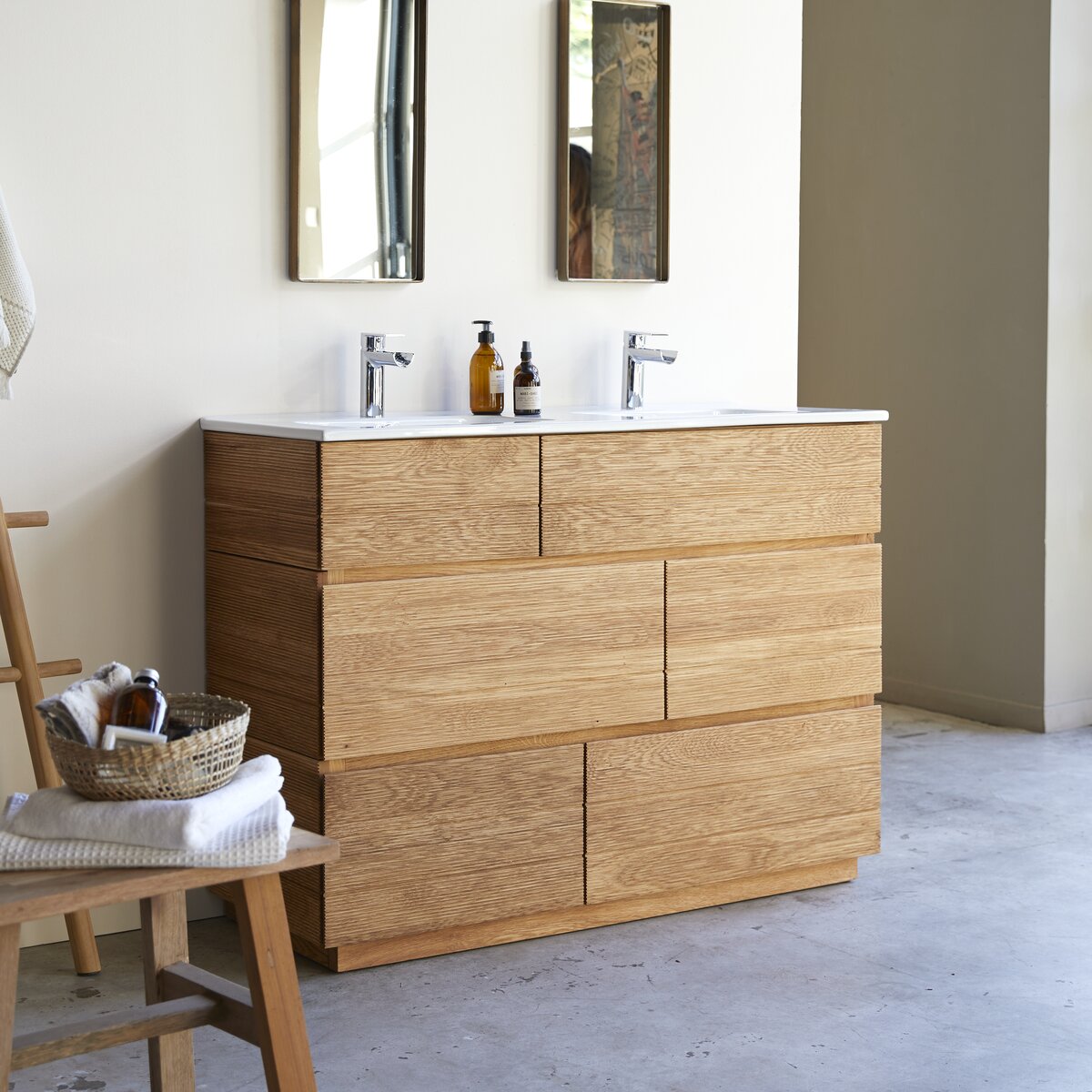 Mueble baño 3 cestas madera y ratán