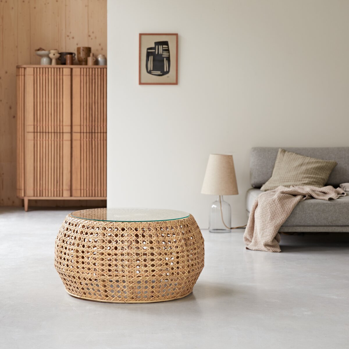 Tavolino in rattan beige top in vetro trasparente JUN