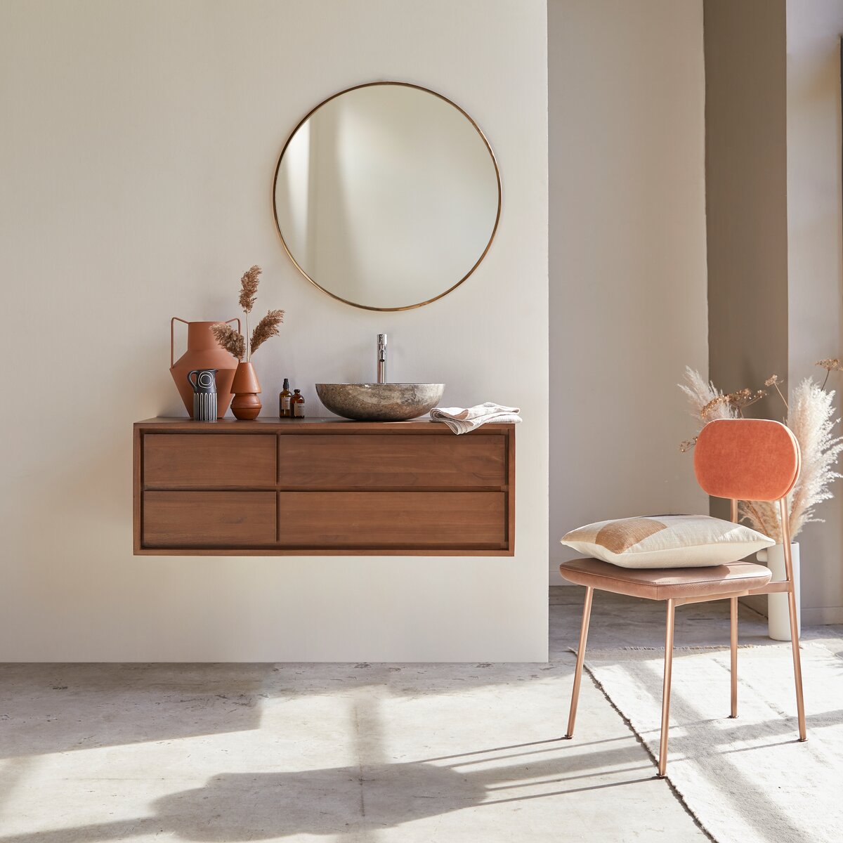 Meuble de salle de bain en bois de teck suspendu 115, mobilier de salle de  bain