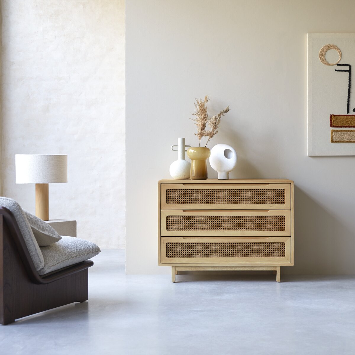 Luis - Solid elm and canework chest of drawers