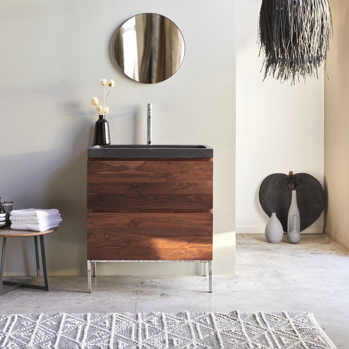Nova - Mueble de baño en palisandro macizo y piedra de lava 80 cm Nova - Mueble de baño en palisandro macizo y piedra de lava 80 cm