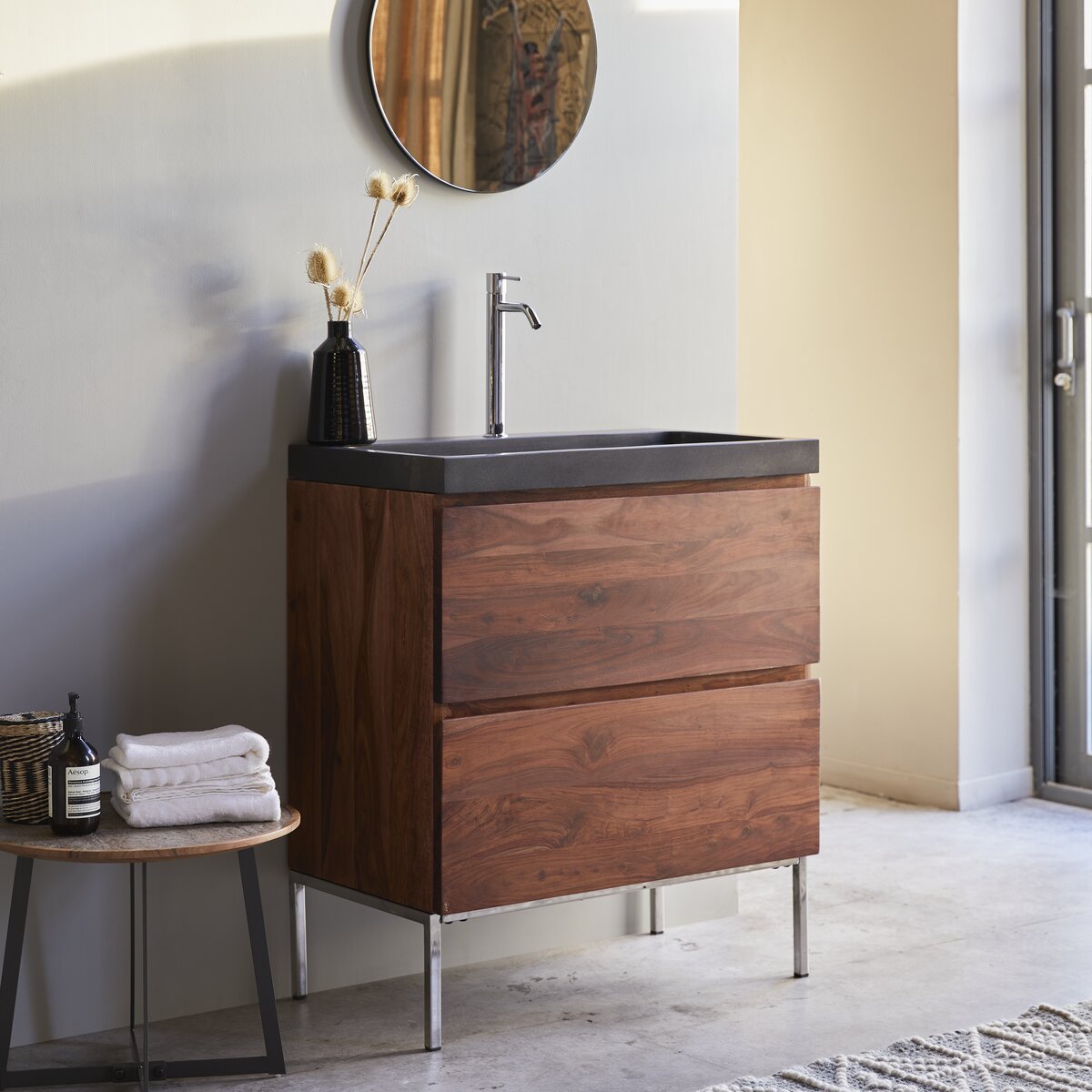 Nova - Mueble de baño en palisandro macizo y piedra de lava 80 cm Nova - Mueble de baño en palisandro macizo y piedra de lava 80 cm