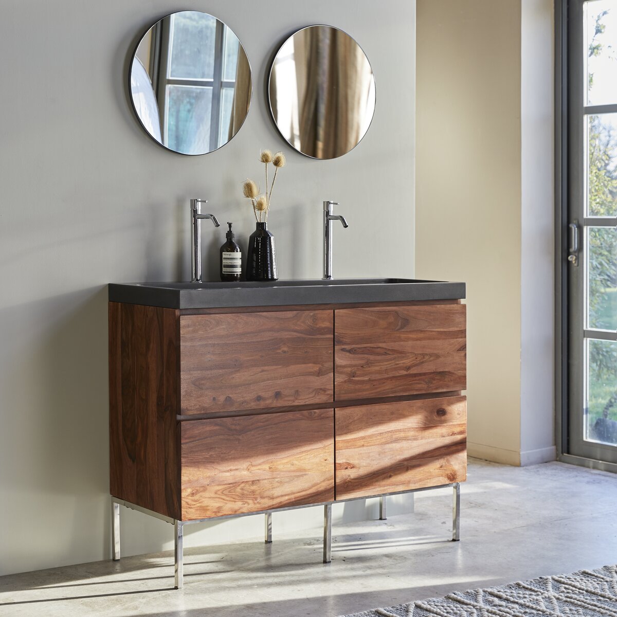 Nova - Mueble de baño en palisandro macizo y piedra de lava 120 cm Nova - Mueble de baño en palisandro macizo y piedra de lava 120 cm