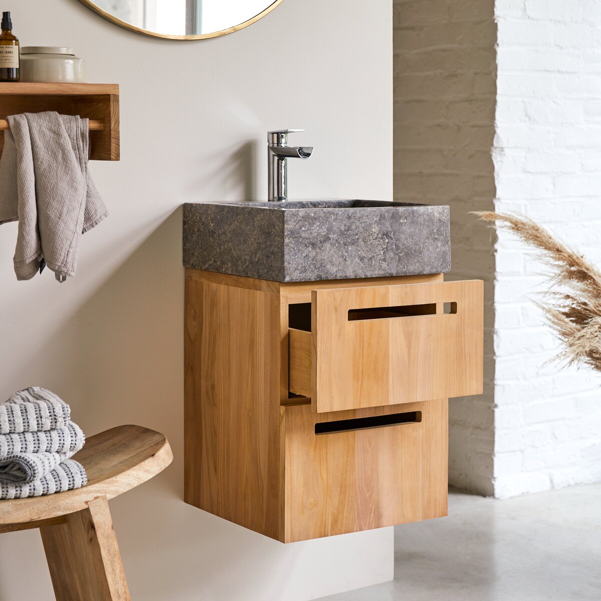 Mobile Sotto Lavabo da Bagno Marrone e Nero in Legno di Mango