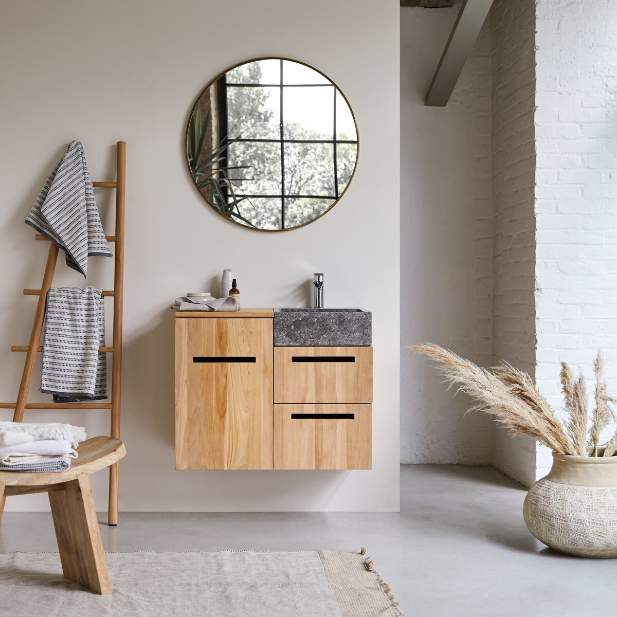 Line - Meuble salle de bain en teck massif et marbre 85 cm