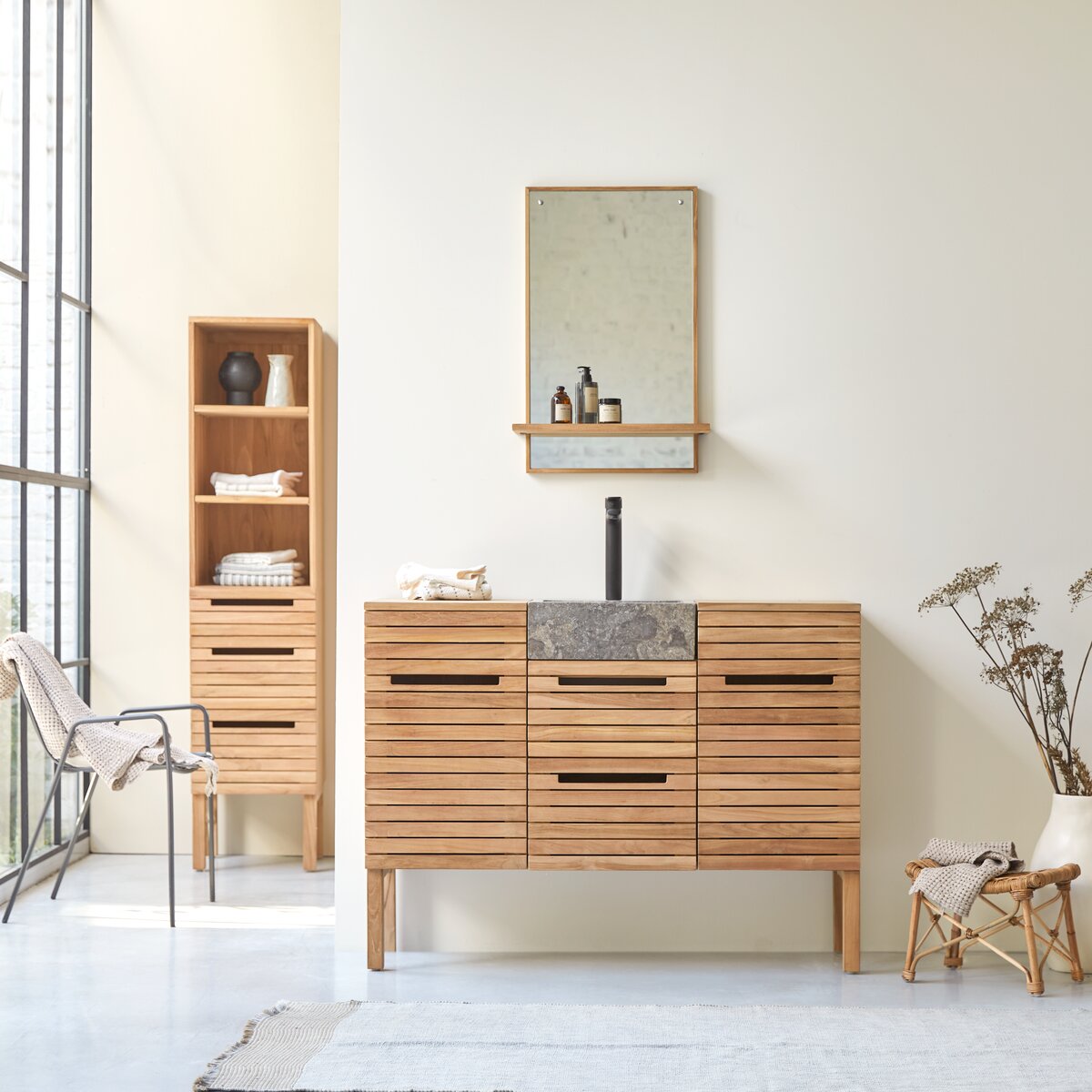 Slats - Meuble salle de bain en teck massif et marbre 125 cm