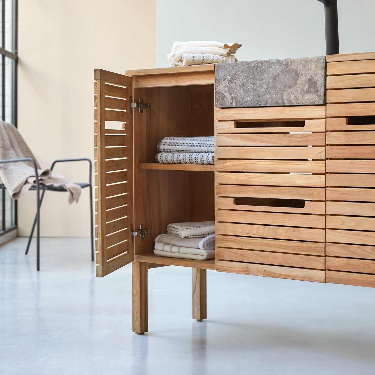 Slats - Mueble de baño en teca maciza y mármol 125 cm Slats - Mueble de baño en teca maciza y mármol 125 cm