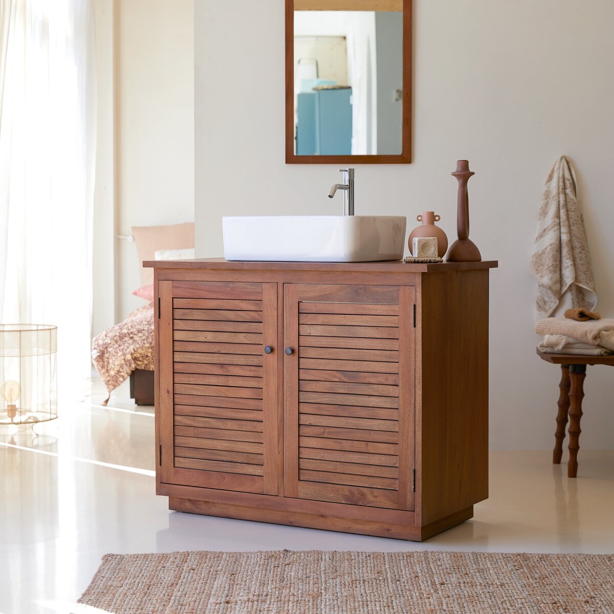 Meuble de salle de bain en bois d'acacia et pierre 155 , mobilier de salle  de bain