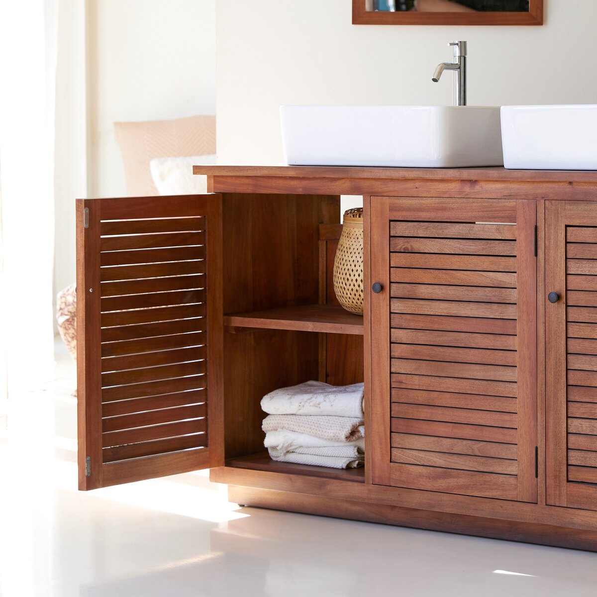 Tall wall-mounted acacia cabinet – Bathroom storage furniture – Tikamoon