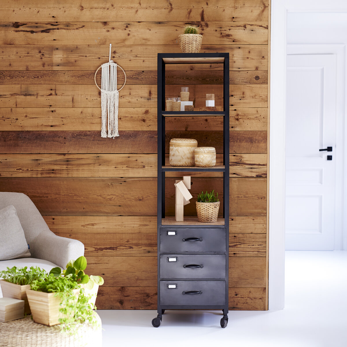 Industriel - Columna en madera oscura de mango y metal Industriel - Columna en madera oscura de mango y metal