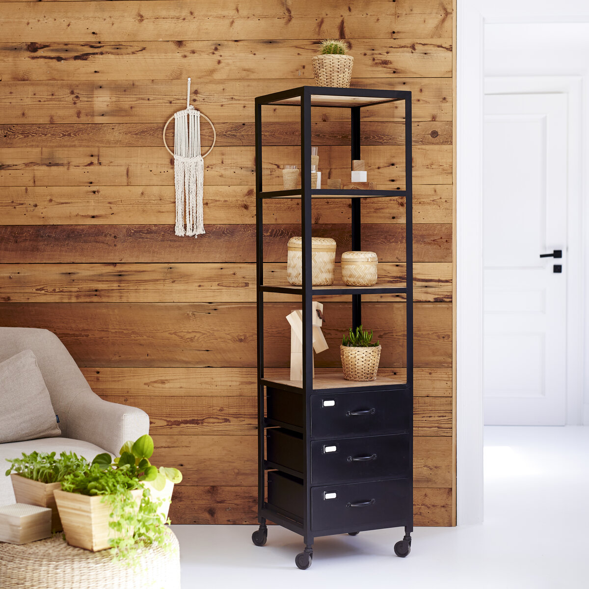 Industriel - Columna en madera oscura de mango y metal Industriel - Columna en madera oscura de mango y metal