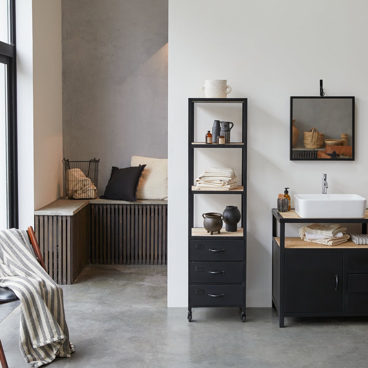 Industriel - Columna de baño en madera de mango macizo y metal