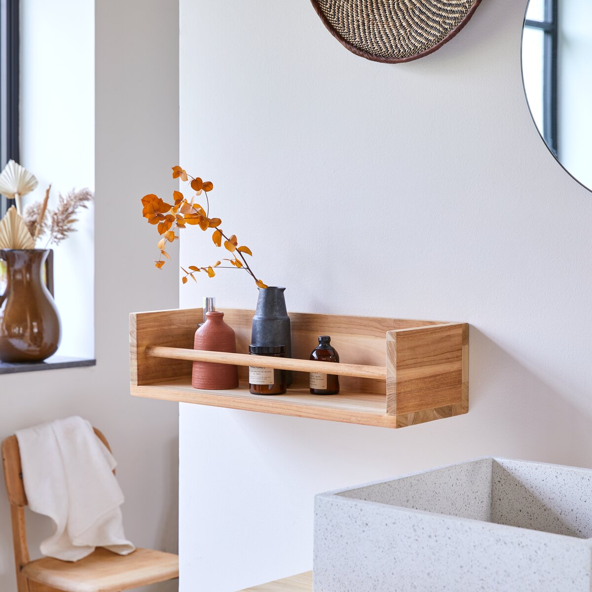 Teak wood shop wall shelf