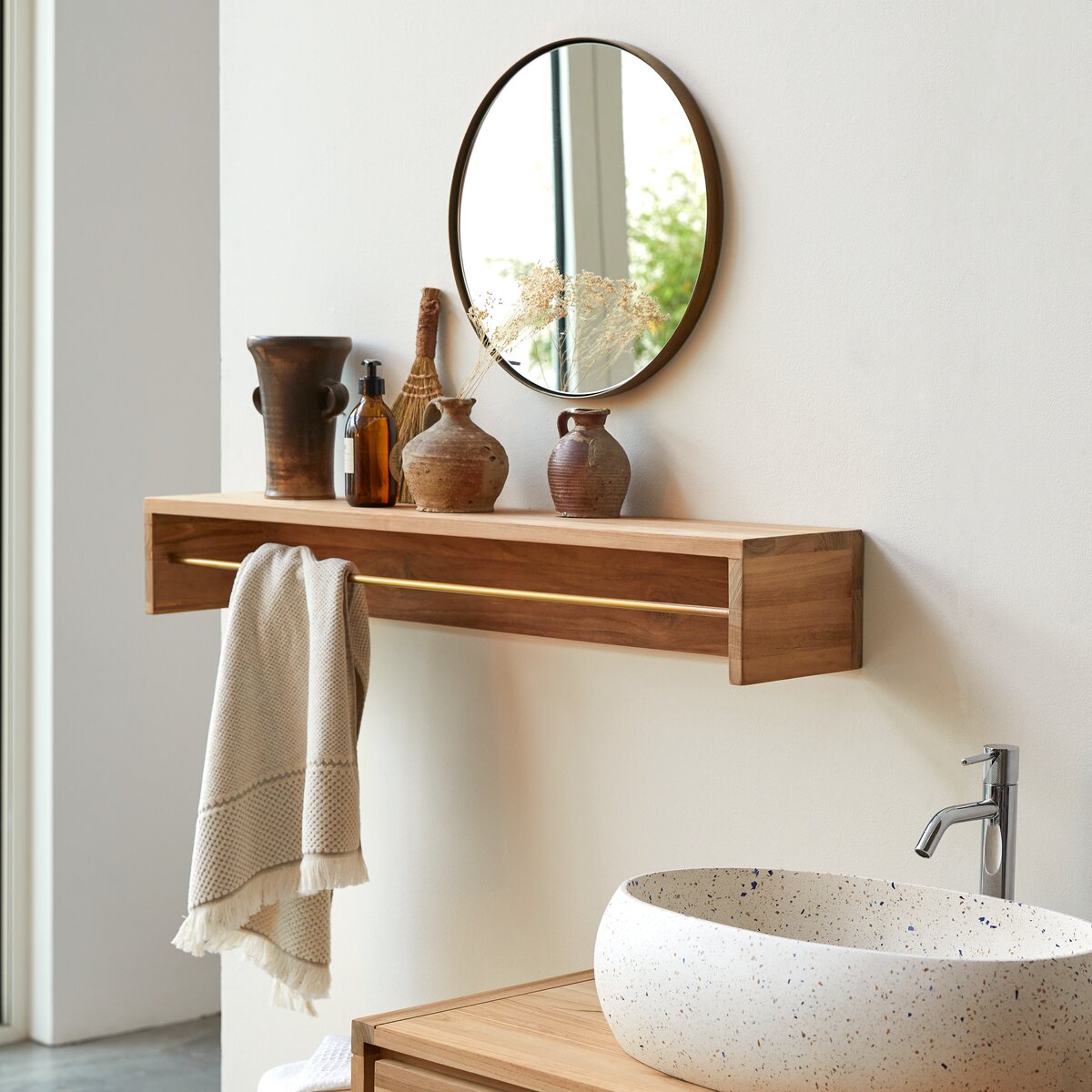 Porte Serviette Mural Salle de Bain avec Étagère espace de Rangement et  Crochets - Meuble Salle de bain - Bois Bambou