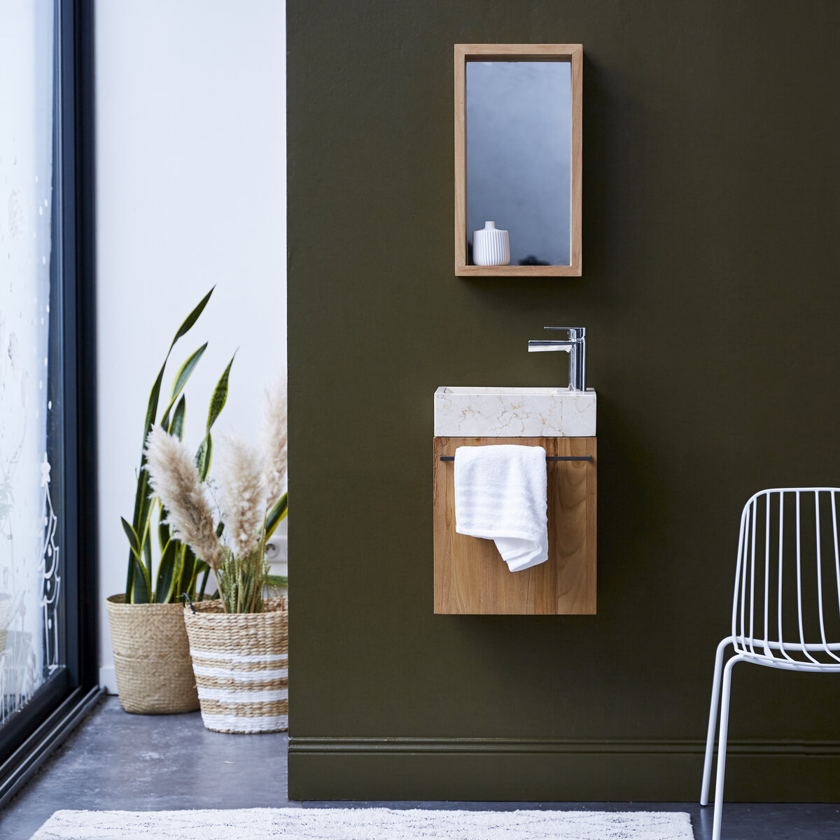 Stelle - Mobile lavamani in teak massello e lavabo in marmo cream Stelle - Mobile lavamani in teak massello e lavabo in marmo cream