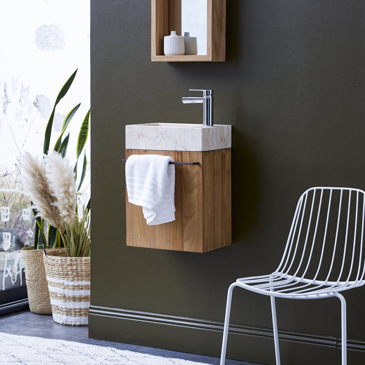 Stelle - Mobile lavamani in teak massello e lavabo in marmo cream Stelle - Mobile lavamani in teak massello e lavabo in marmo cream