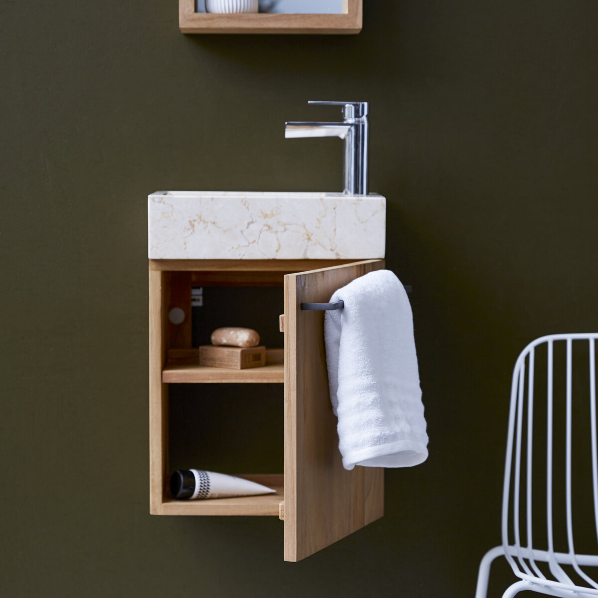 Stelle - Mobile lavamani in teak massello e lavabo in marmo cream Stelle - Mobile lavamani in teak massello e lavabo in marmo cream