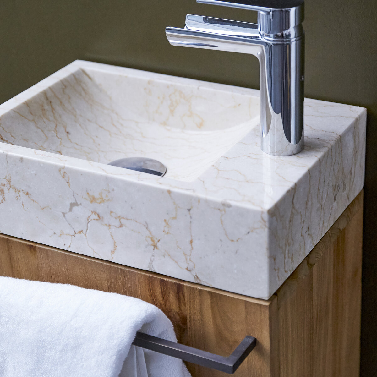 Stelle - Meuble Lave main en teck massif et marbre cream Stelle - Meuble Lave main en teck massif et marbre cream