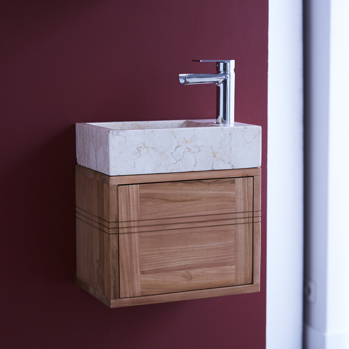 Mobile sottolavabo con lavabo in ceramica incluso, Made in Italy, cm 123 x  51 x 54, colore Quercia con effetto marmo