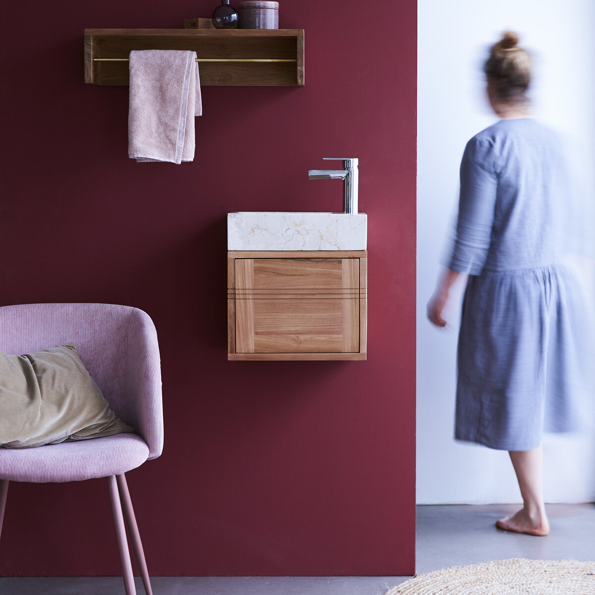 Basic - Mobile sottolavabo in teak massello con lavabo in marmo cream