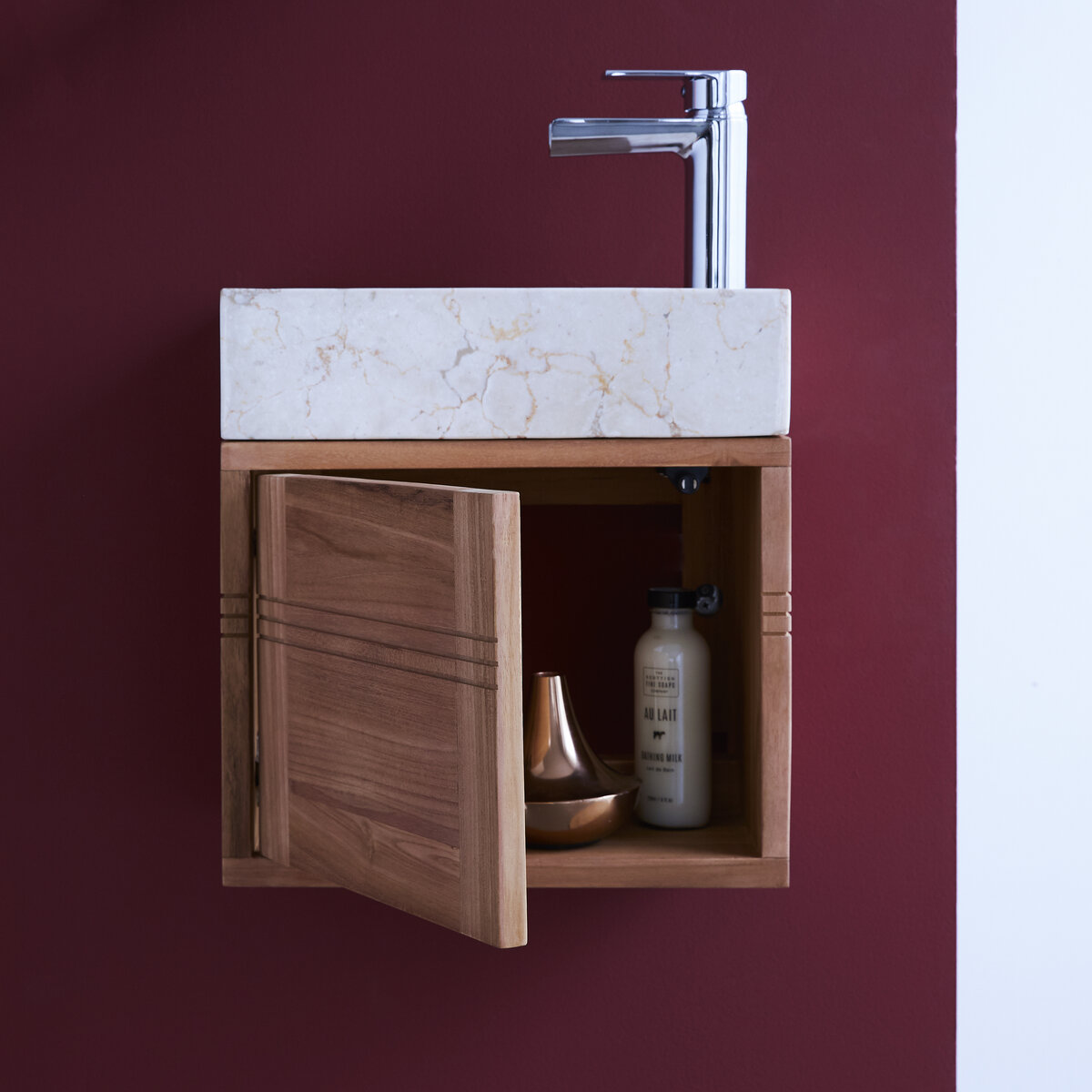 Basic - Mobile sottolavabo in teak massello con lavabo in marmo cream Basic - Mobile sottolavabo in teak massello con lavabo in marmo cream