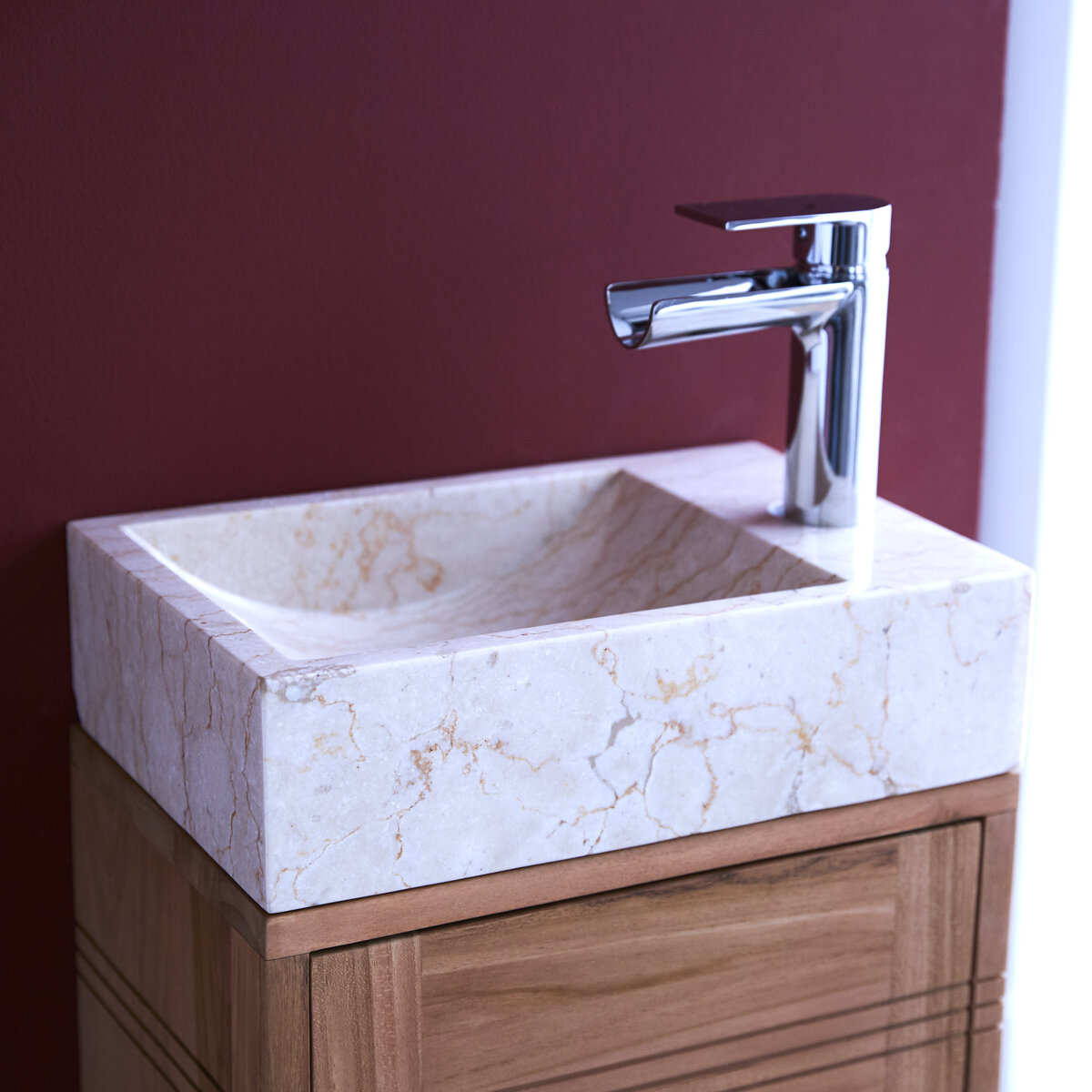 Basic - Meuble Lave main en teck massif et marbre cream Basic - Meuble Lave main en teck massif et marbre cream