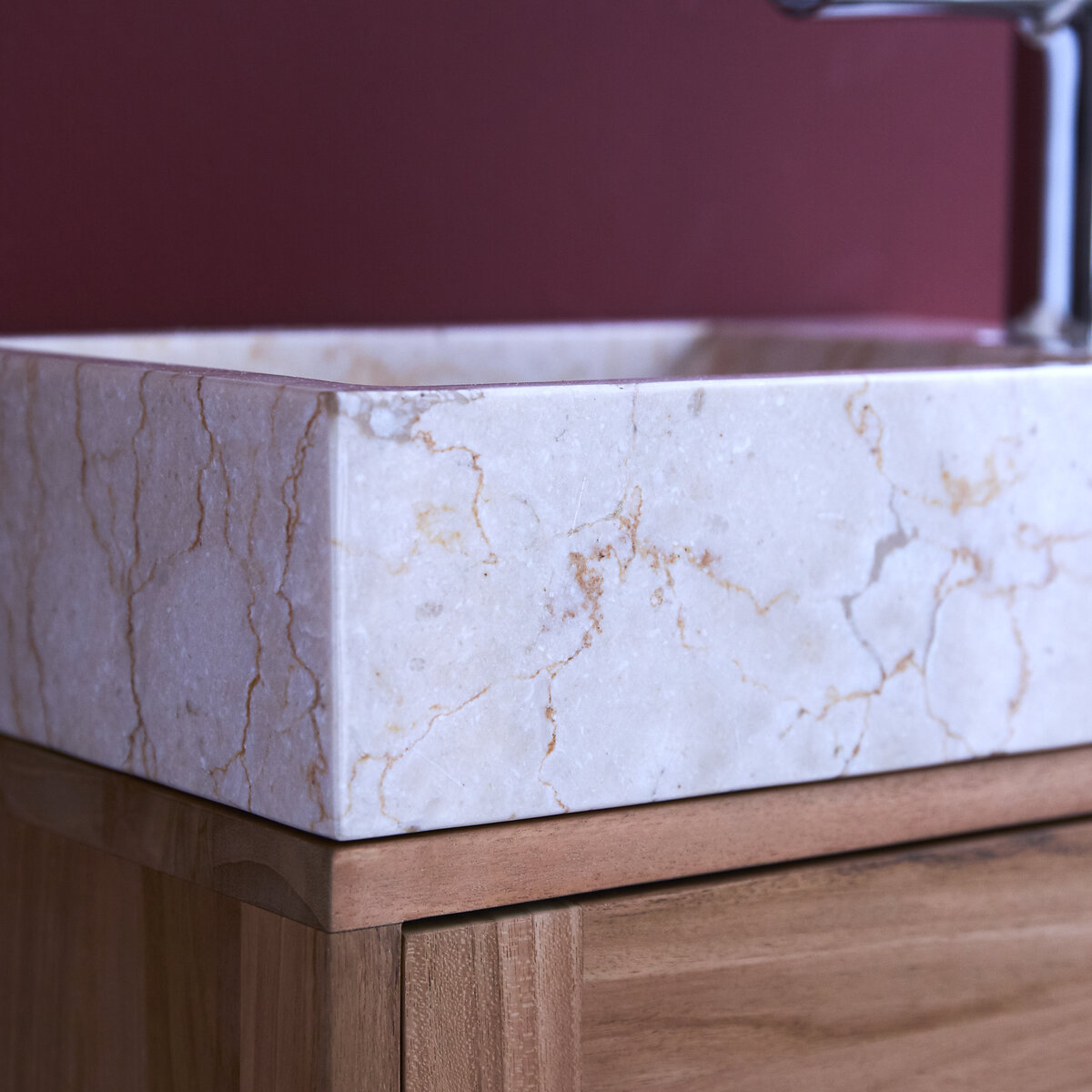 Basic - Meuble Lave main en teck massif et marbre cream Basic - Meuble Lave main en teck massif et marbre cream