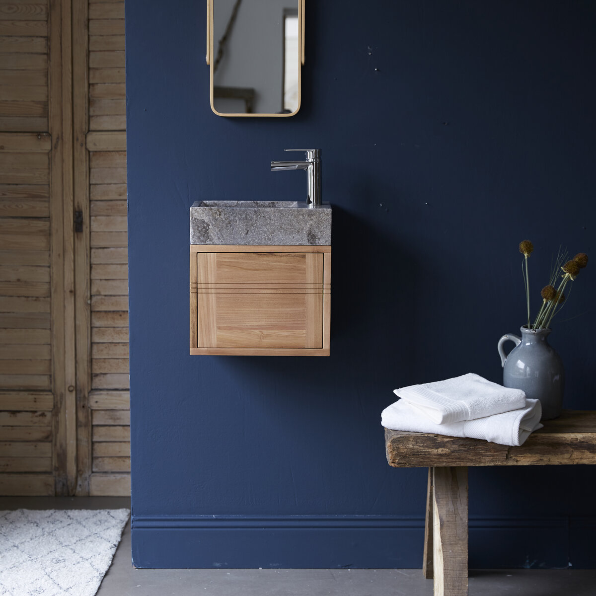 Basic - Mobile sottolavabo in teak massello con lavabo in marmo grey Basic - Mobile sottolavabo in teak massello con lavabo in marmo grey