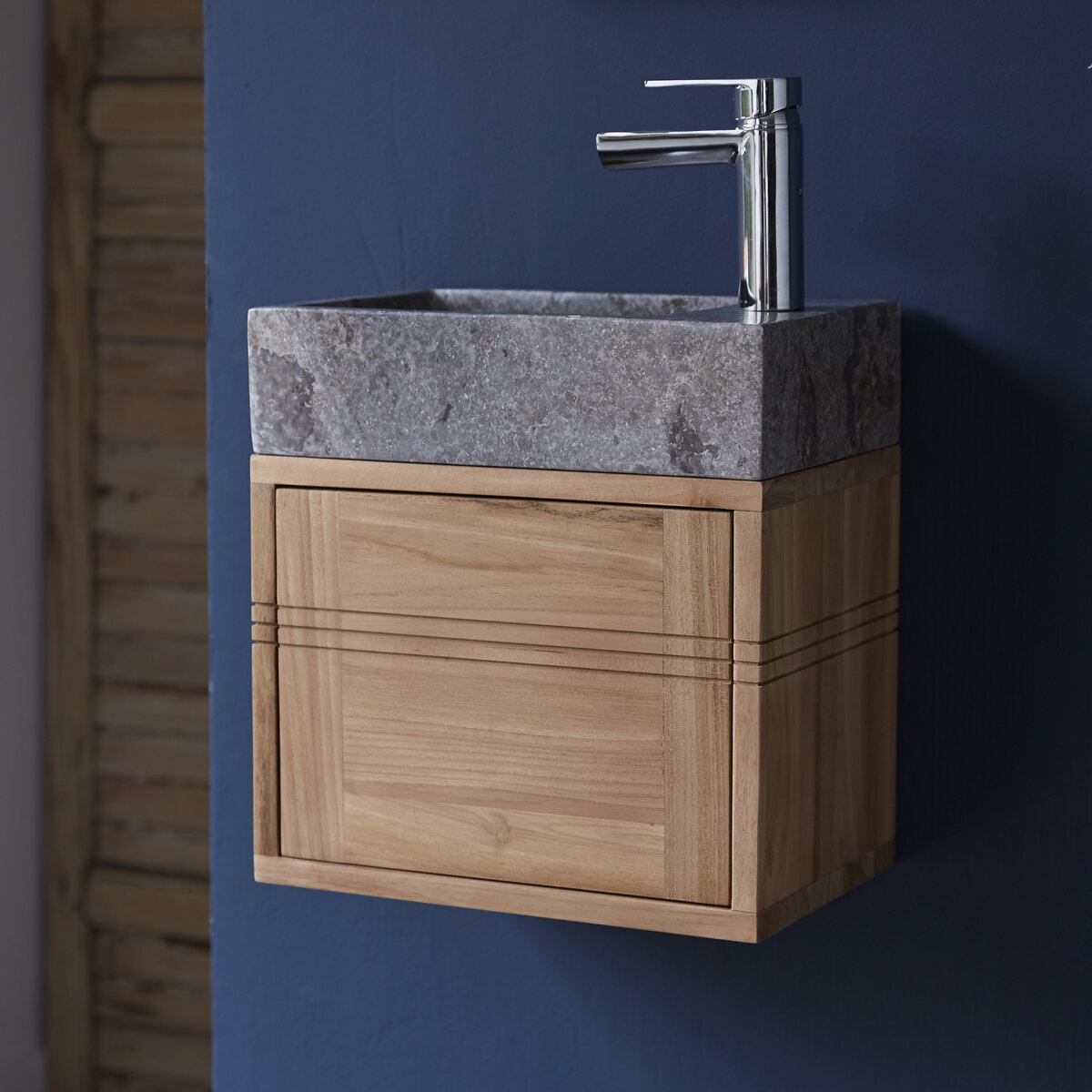 Basic - Mobile sottolavabo in teak massello con lavabo in marmo grey Basic - Mobile sottolavabo in teak massello con lavabo in marmo grey