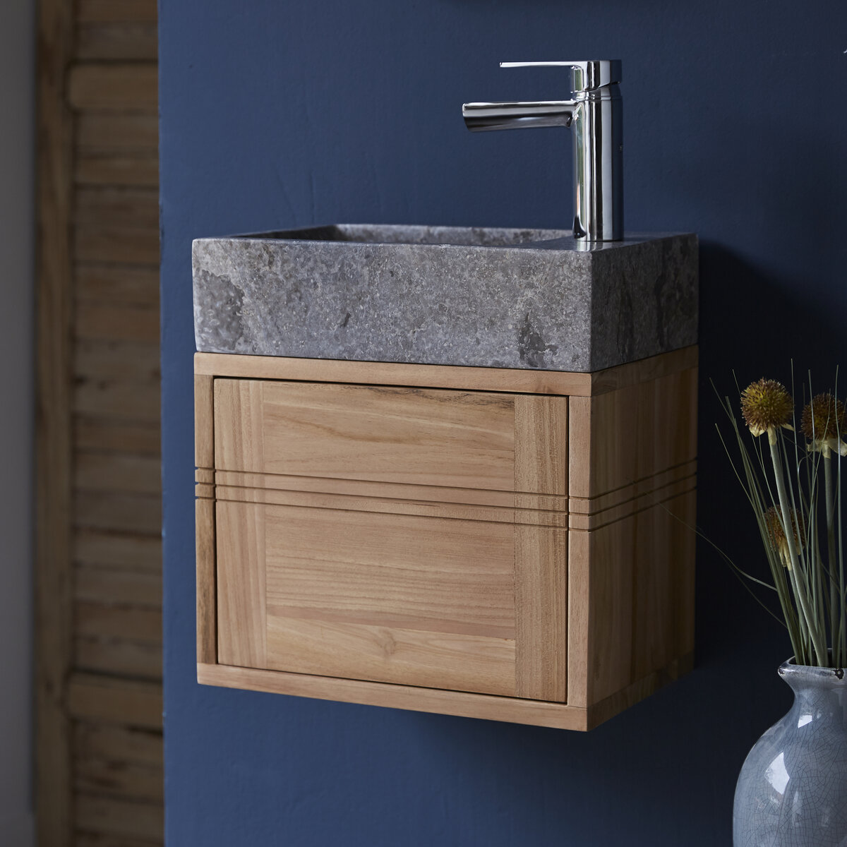 Basic - Mobile sottolavabo in teak massello con lavabo in marmo grey Basic - Mobile sottolavabo in teak massello con lavabo in marmo grey