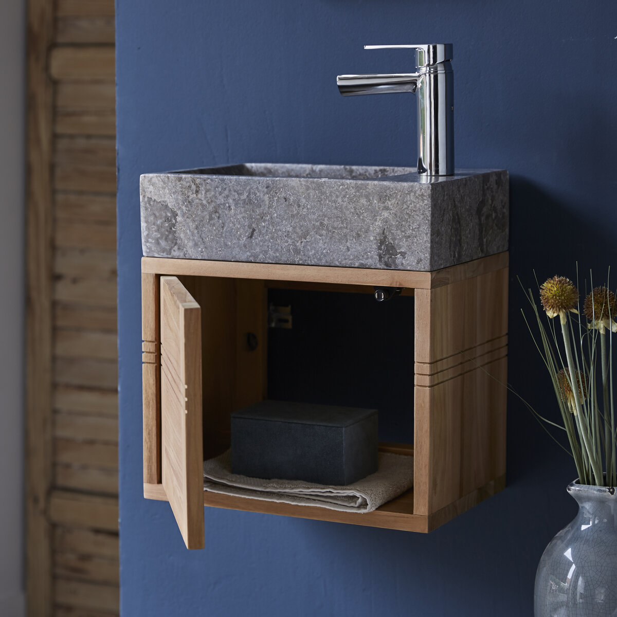 Basic - Mobile sottolavabo in teak massello con lavabo in marmo grey Basic - Mobile sottolavabo in teak massello con lavabo in marmo grey