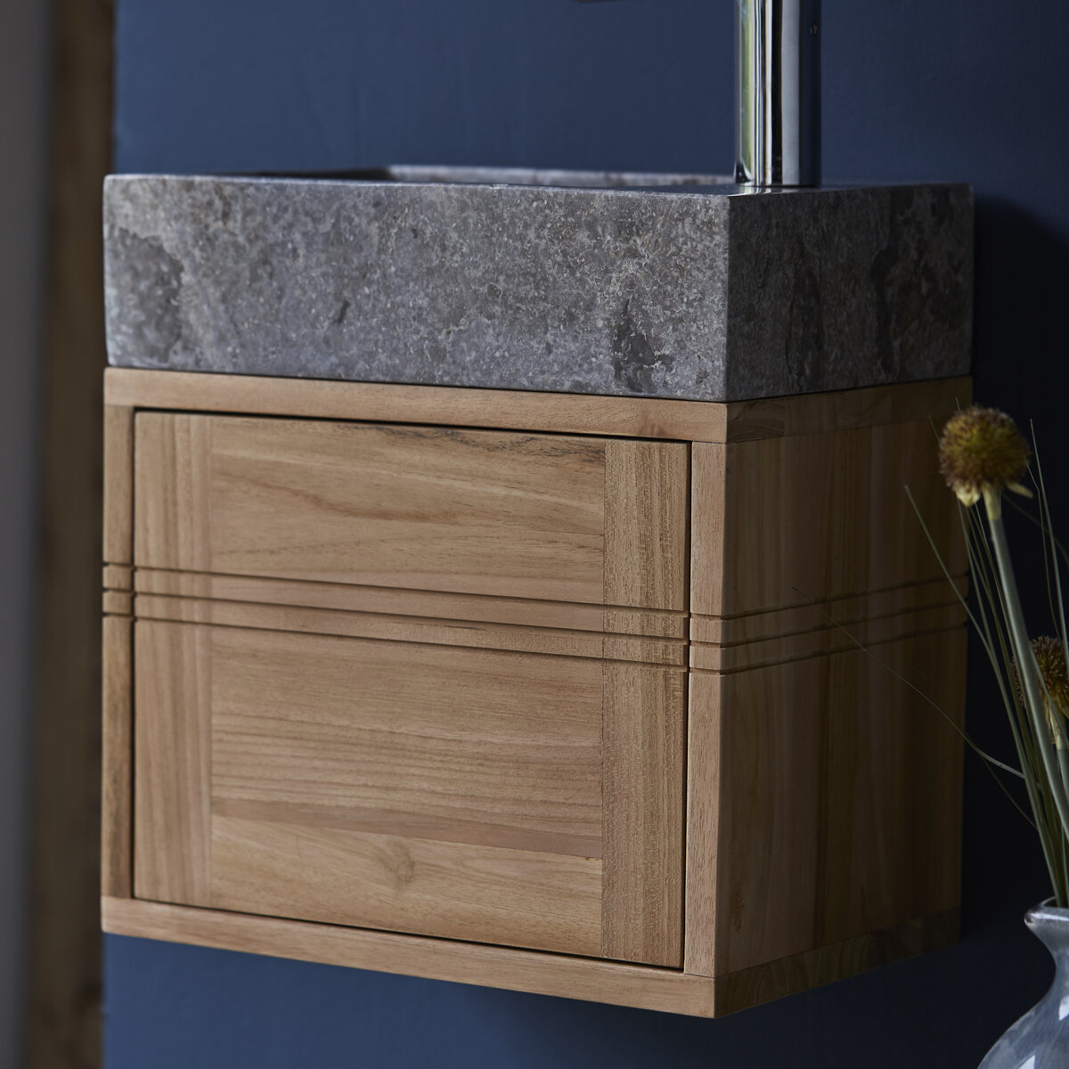 Basic - Mobile sottolavabo in teak massello con lavabo in marmo grey Basic - Mobile sottolavabo in teak massello con lavabo in marmo grey