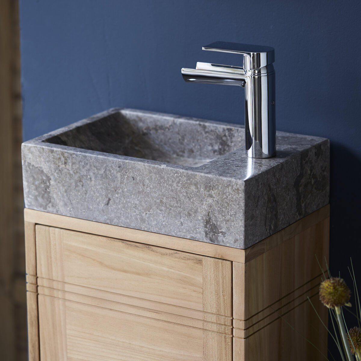 Basic - Mobile sottolavabo in teak massello con lavabo in marmo grey Basic - Mobile sottolavabo in teak massello con lavabo in marmo grey