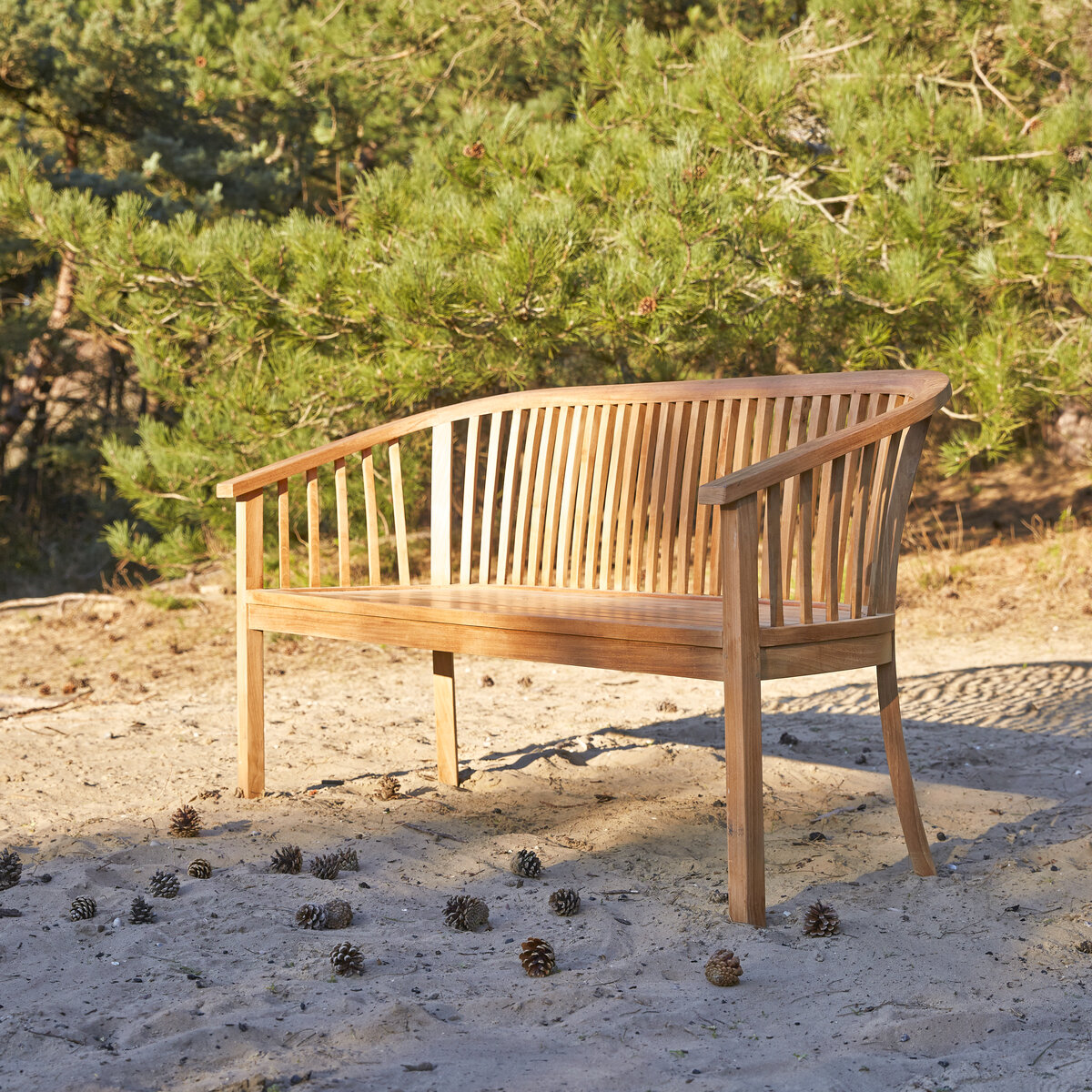 Banc en teck massif et cordage beige, mobilier de jardin