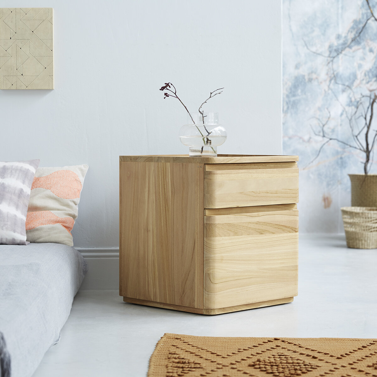 Thuis Nachtkastje Nordic volledig massief houten nachtkastje dubbele lade modern minimalistisch meubilair slaapkamer nachtkastje Nachtkastje aan