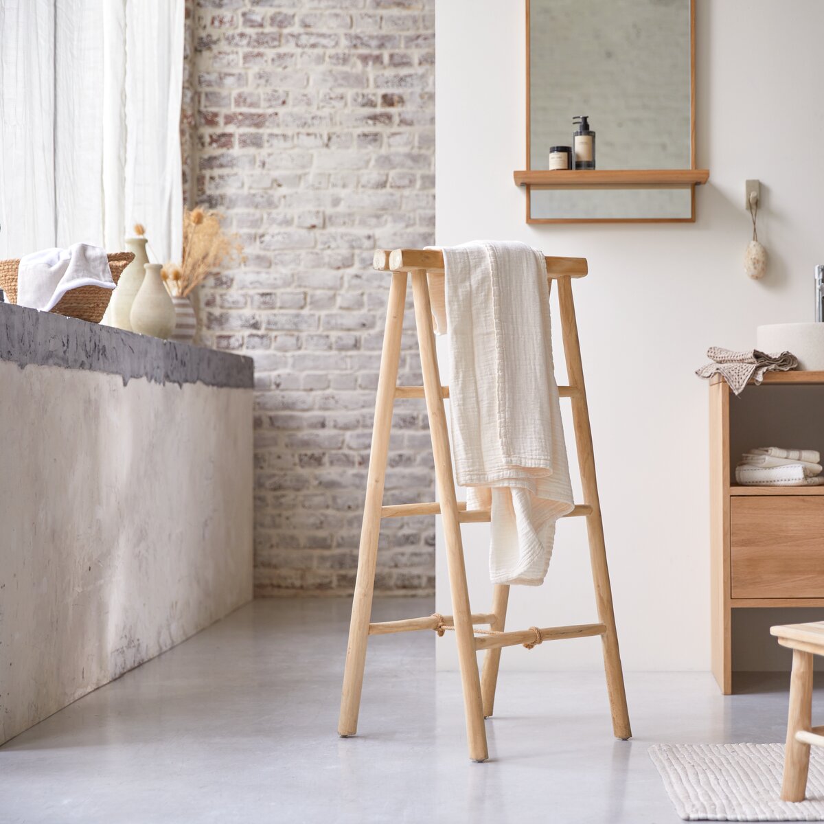 Ensemble meuble de salle de bain 100cm simple vasque + colonne de rangement  - bambou (chêne clair) 