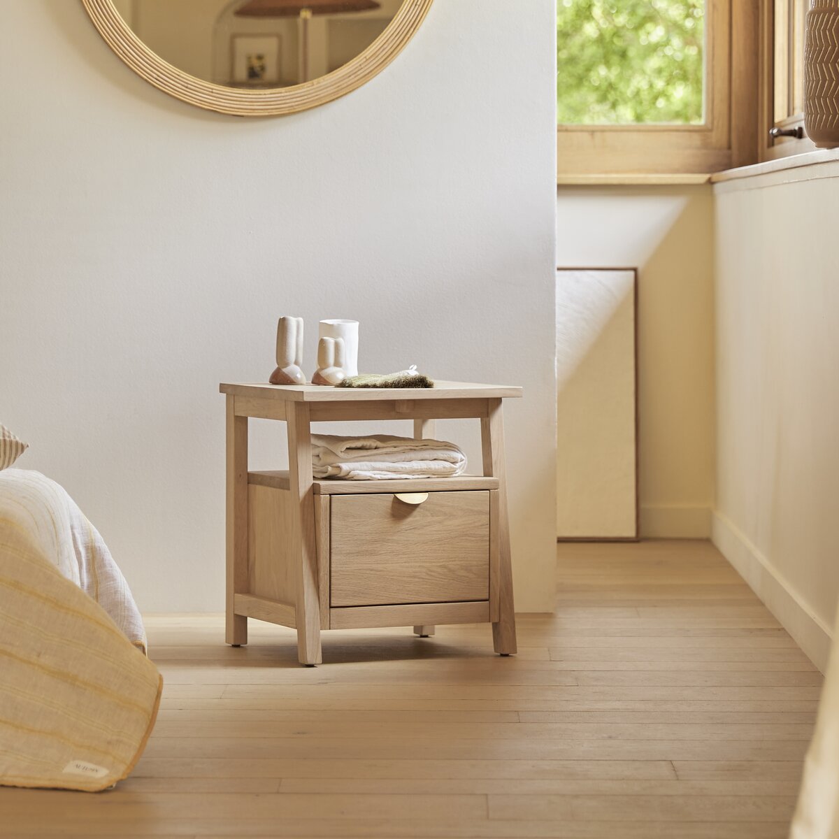 Black and store oak bedside table