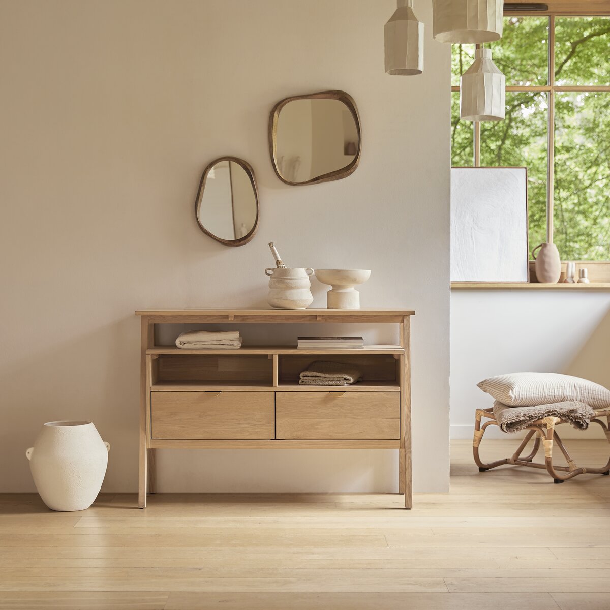 Small oak console table deals with drawers