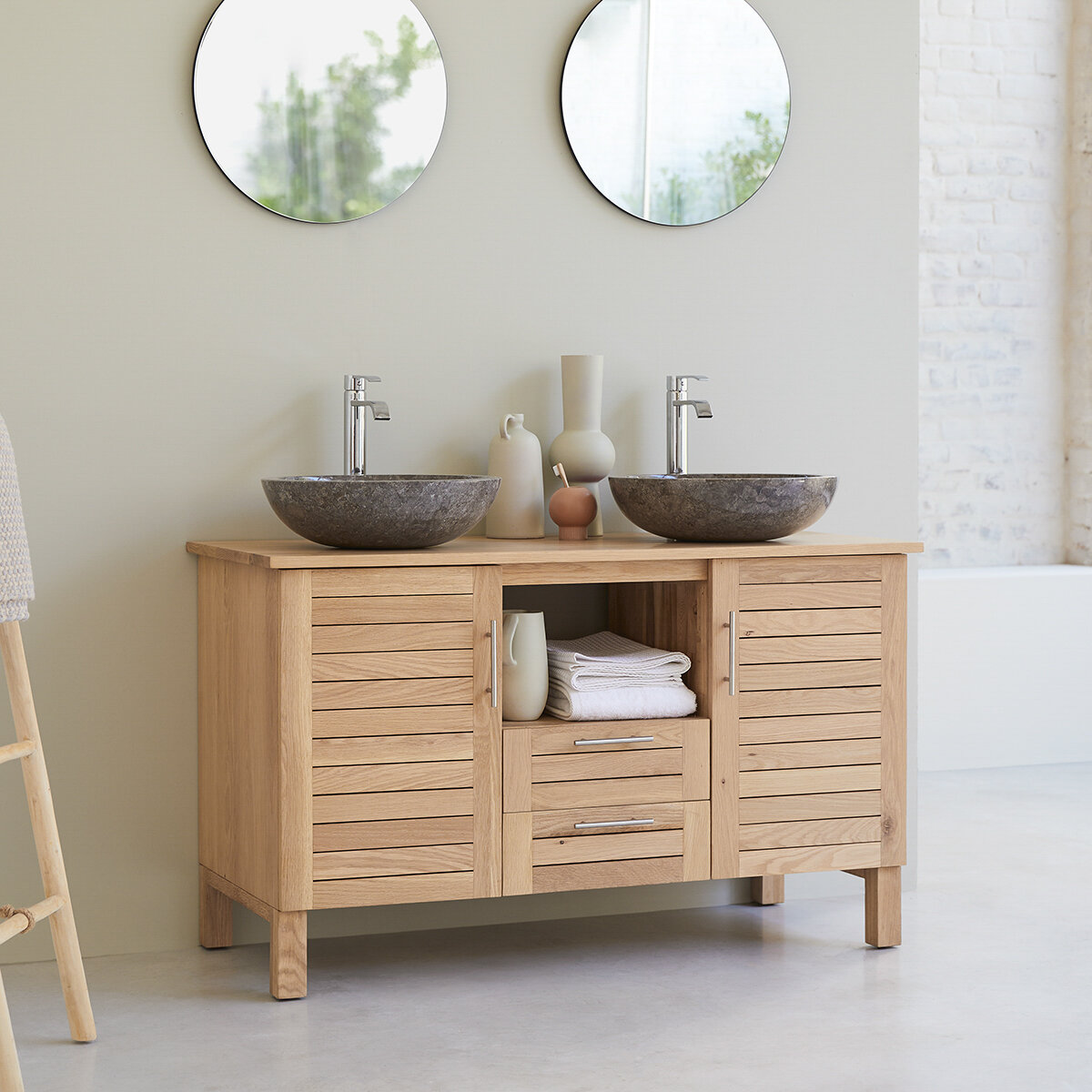 Mueble simple de lavabo de roble de 90 cm - Muebles de baño - Tikamoon