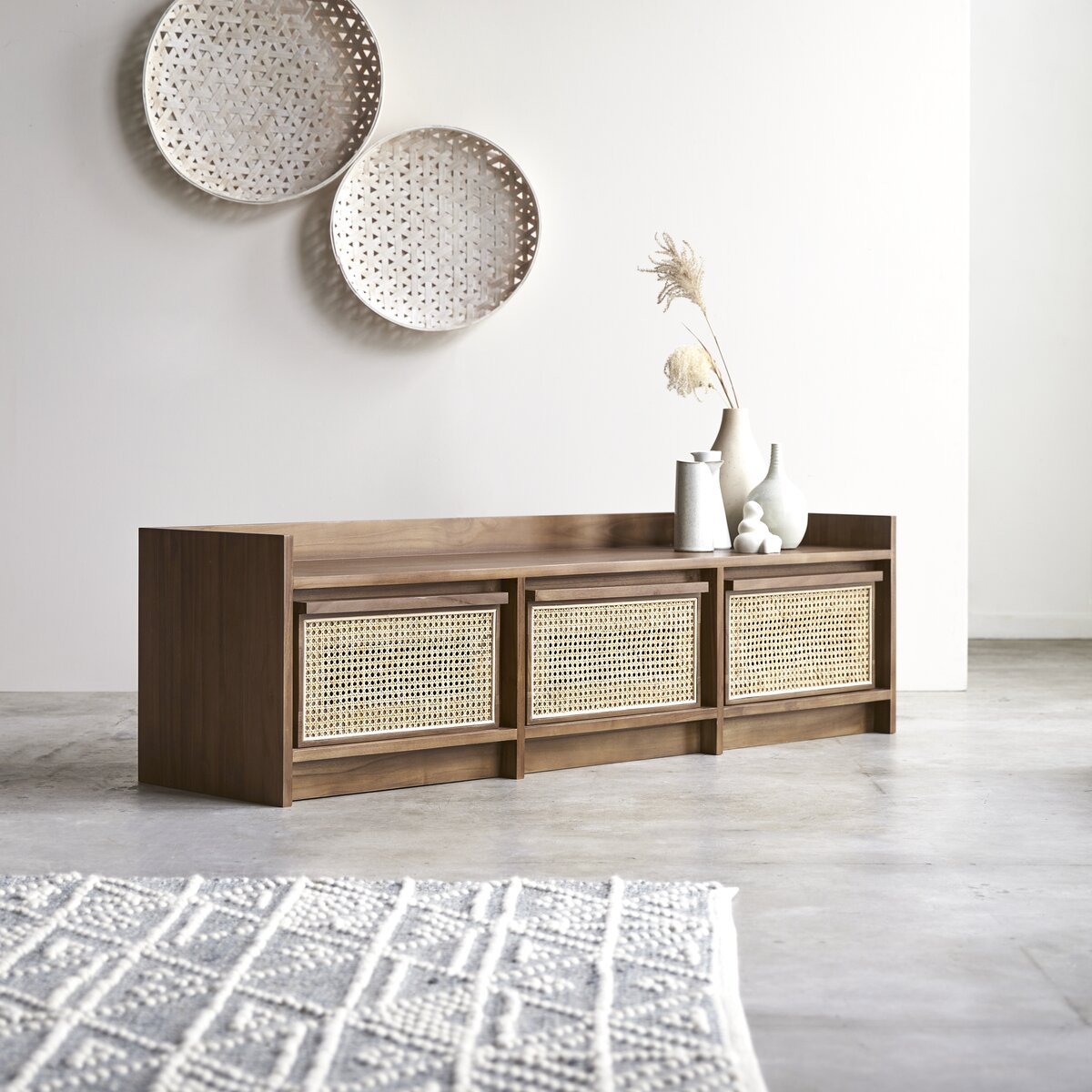 Roots - Solid reclaimed teak and canework TV Stand 160 cm Roots - Solid reclaimed teak and canework TV Stand 160 cm