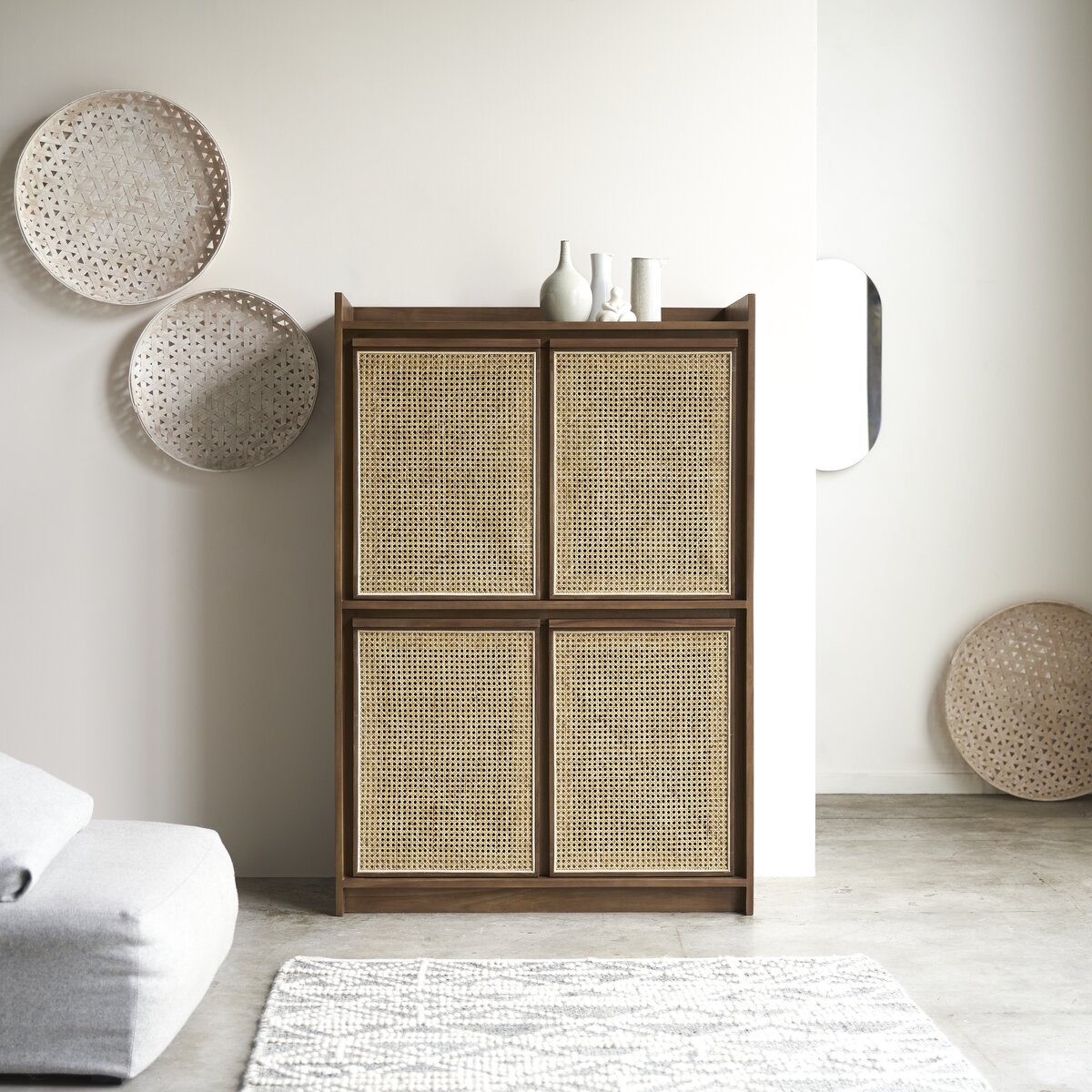 Roots - Credenza in teak massello riciclato e midollino 105 cm