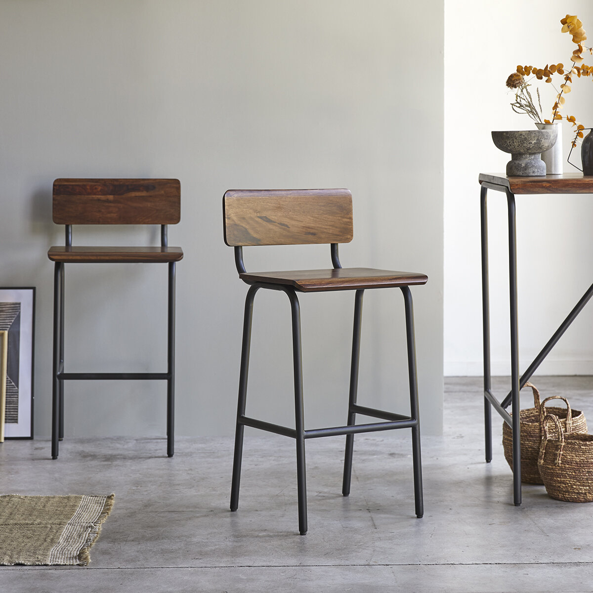 Chaise de Bar Haute Industrielle en Métal et vieux Bois