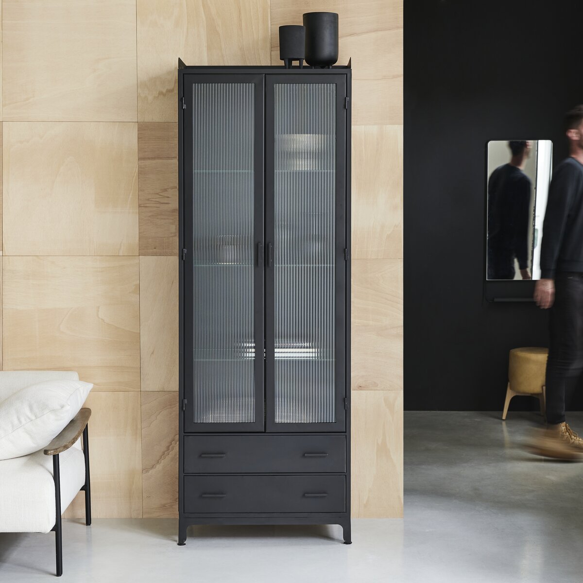 Industrial metal cabinet on sale with glass doors