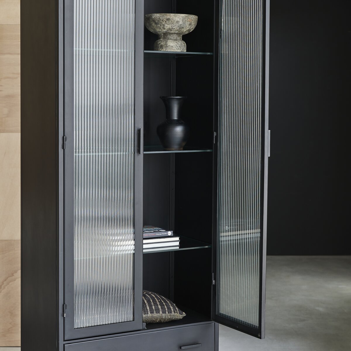 Black tall cabinet with 2024 glass doors