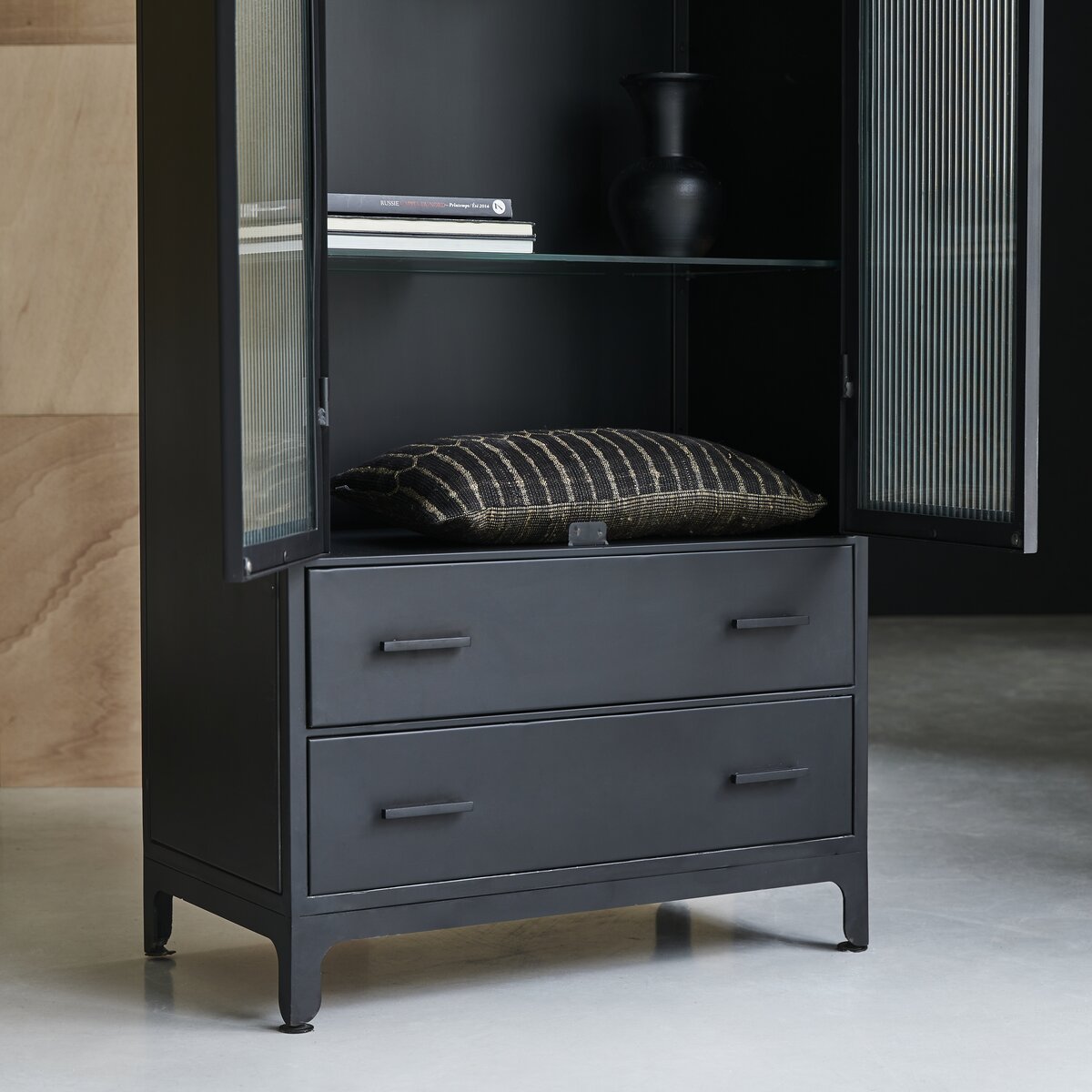 Tall black deals cabinet with drawers